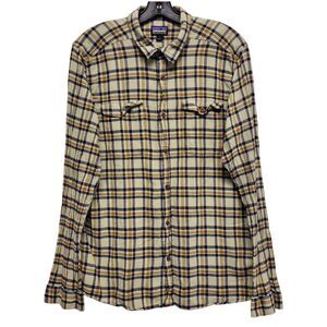 PATAGONIA Shirt Mens Large Beige Tartan Plaid Casual Button Up Pockets Outdoor